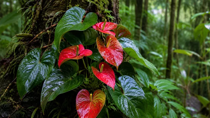 Anthurium growing naturally on rainforest tree