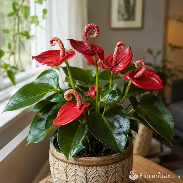 Anthurium scherzerianum flowering near window