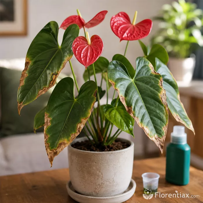 Overfertilized Anthurium with brown leaf edges