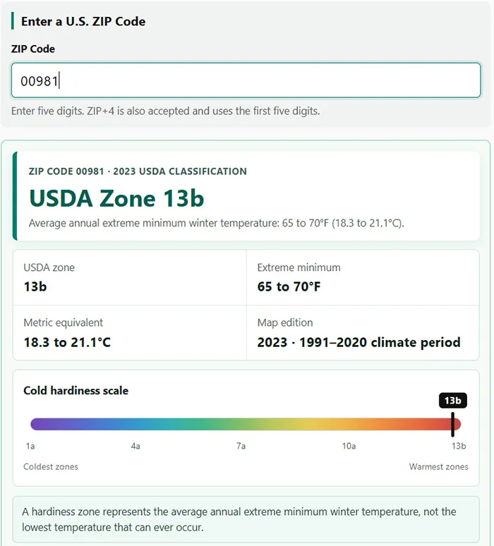 USDA hardiness zone result for ZIP code